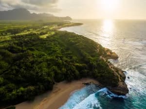 Kauai Hawaii tropical landscape with lush greenery and coastal shoreline, fine art photography print by Clint Losee