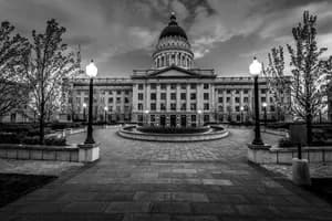 Black and white fine art photograph of the Salt Lake City Utah Capitol Building Gardens with architectural and landscape details by Clint Losee