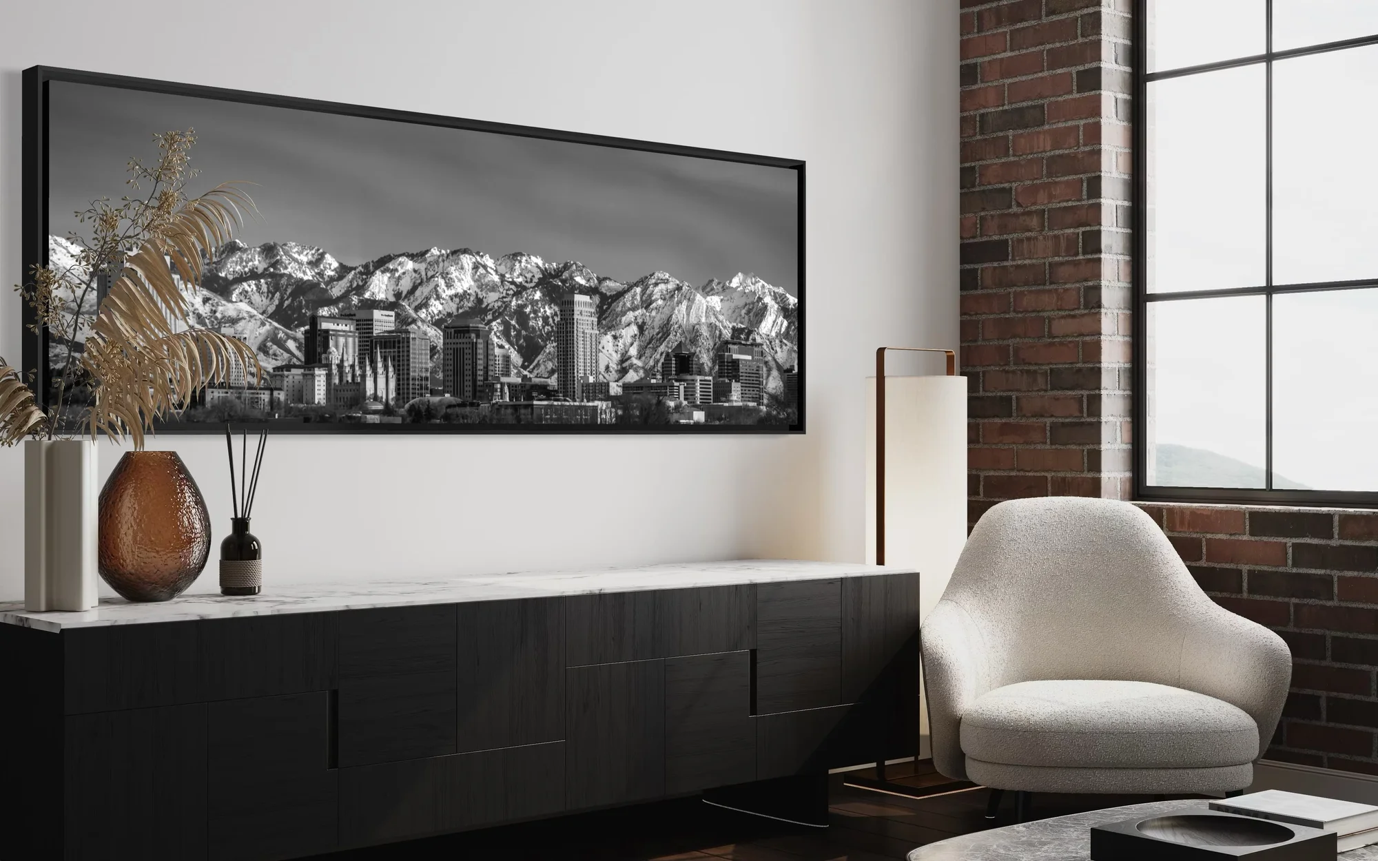 Salt Lake City Skyline Black and White - In Home Living Room Float Mount Framed