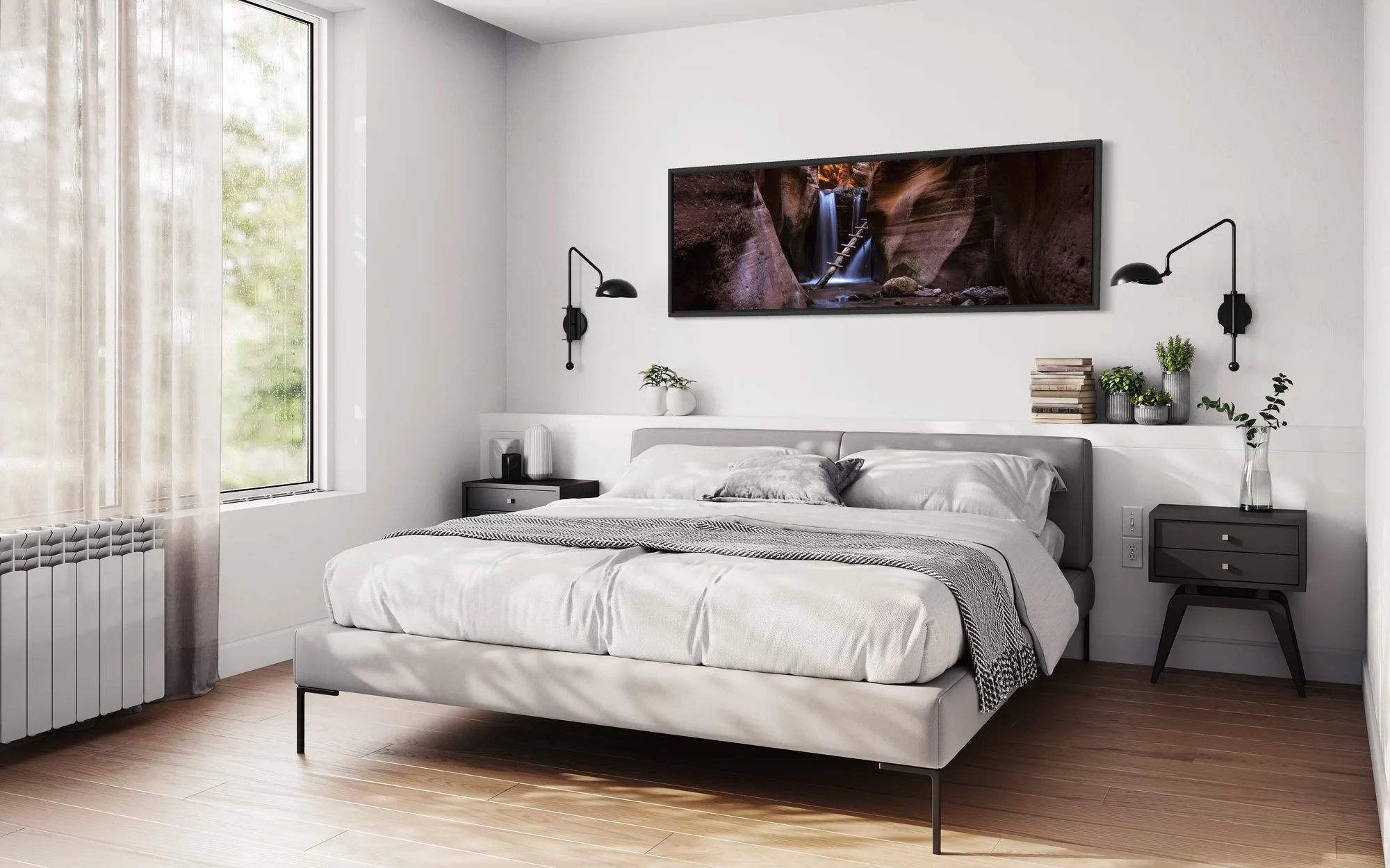 Panoramic fine art print of a waterfall inside a red rock slot canyon hanging above a bed in a modern bedroom.