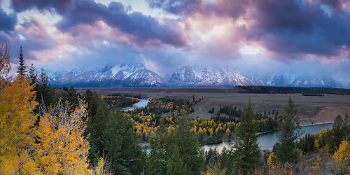 Grand Teton National Park is home to some amazing views.  One of those from an easily accessible point is the Snake River Overlook.  Add to that some stunning Fall colors and a sunset and you have something to remember. (2013 Clint Losee)